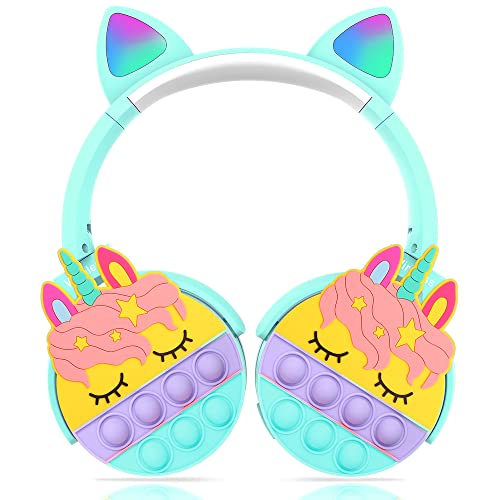 Kids Headphones, Unicorn Pop Headphones It for Girls Kids, Headphones Wireless Bluetooth with Led Light Cat Ears, Gaming Headset, Foldable Adjustable Build-in Mic for Tablet/School/iPad/Travel (Green)