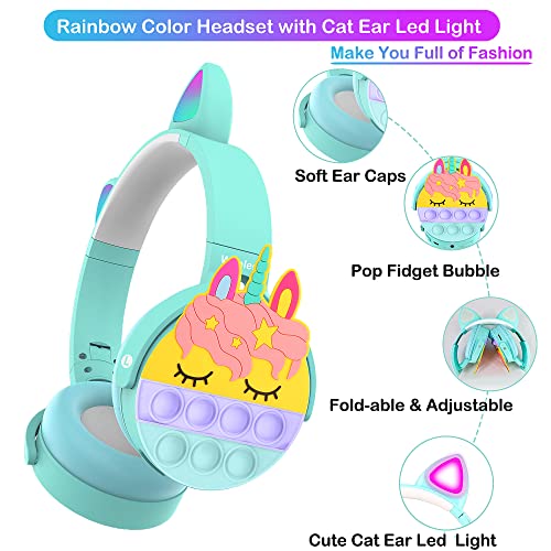 Kids Headphones, Unicorn Pop Headphones It for Girls Kids, Headphones Wireless Bluetooth with Led Light Cat Ears, Gaming Headset, Foldable Adjustable Build-in Mic for Tablet/School/iPad/Travel (Green)