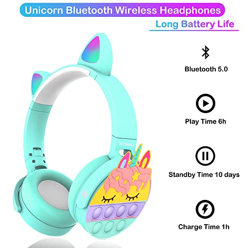 Kids Headphones, Unicorn Pop Headphones It for Girls Kids, Headphones Wireless Bluetooth with Led Light Cat Ears, Gaming Headset, Foldable Adjustable Build-in Mic for Tablet/School/iPad/Travel (Green)