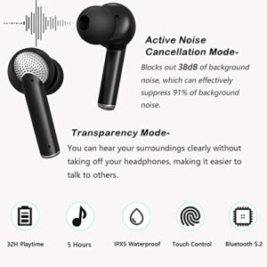 Mezelon Active Noise Cancelling Wireless Earbuds, Premium Deep Bass, Built-in HD Mic, Immersive Sound, IPX5 Waterproof Bluetooth 5.2 HiFi Stereo in-Ear Headphones Headset for iPhone/Android (Black)