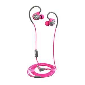jlab audio fit2 sport earbuds, sweatproof, water resistant with in-wire customizable earhooks, guaranteed fit, guaranteed for life – gray/pink