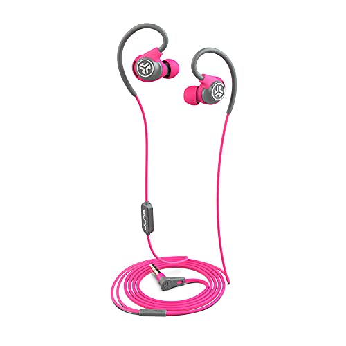 JLab Audio Fit2 Sport Earbuds, Sweatproof, Water Resistant with in-Wire Customizable Earhooks, Guaranteed Fit, Guaranteed for Life - Gray/Pink