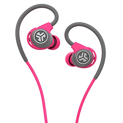 JLab Audio Fit2 Sport Earbuds, Sweatproof, Water Resistant with in-Wire Customizable Earhooks, Guaranteed Fit, Guaranteed for Life - Gray/Pink