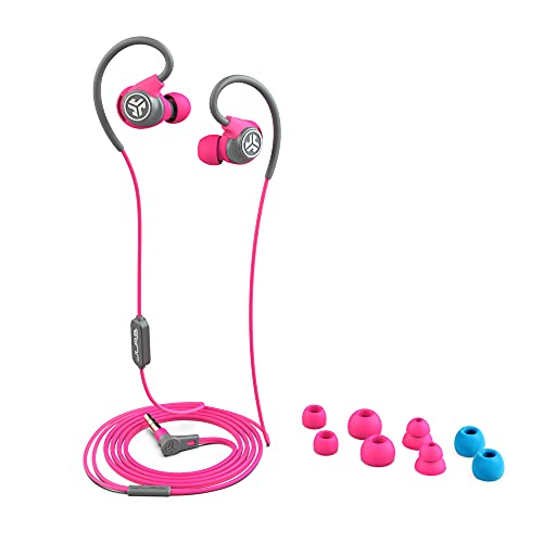 JLab Audio Fit2 Sport Earbuds, Sweatproof, Water Resistant with in-Wire Customizable Earhooks, Guaranteed Fit, Guaranteed for Life - Gray/Pink