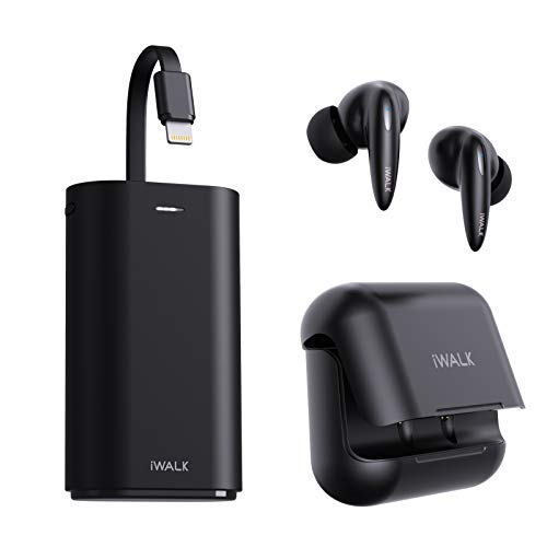 iWALK Portable Charger 9000mAh Ultra-Compact Power Bank with Built-in Cable and Wireless Earbuds Bluetooth 10mm Dynamic Drivers Hi-Fi Stereo Deep Bass, IPX5 & Compact & Ultra Lightweight 4g, Single/Tw