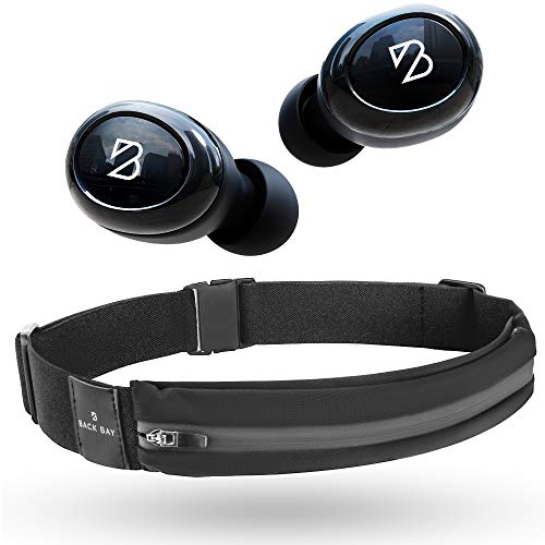 Back Bay Duet 50 Pro Wireless Bluetooth Earbuds and Slim Running Belt for Women, Men. 130 Hour Long Battery Life with Charging Case. Waterproof iPhone Holder Waistband for Runners