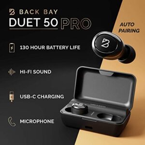 Back Bay Duet 50 Pro Wireless Bluetooth Earbuds and Slim Running Belt for Women, Men. 130 Hour Long Battery Life with Charging Case. Waterproof iPhone Holder Waistband for Runners