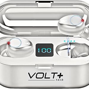 Volt Plus TECH Wireless V5.0 Bluetooth Earbuds Compatible with Samsung Galaxy J7 Prime T-Mobile LED Display, Mic 8D Bass IPX7 Waterproof/Sweatproof (White)