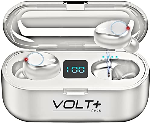 Volt Plus TECH Wireless V5.0 Bluetooth Earbuds Compatible with Samsung Galaxy J7 Prime T-Mobile LED Display, Mic 8D Bass IPX7 Waterproof/Sweatproof (White)