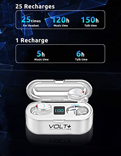 Volt Plus TECH Wireless V5.0 Bluetooth Earbuds Compatible with Samsung Galaxy J7 Prime T-Mobile LED Display, Mic 8D Bass IPX7 Waterproof/Sweatproof (White)