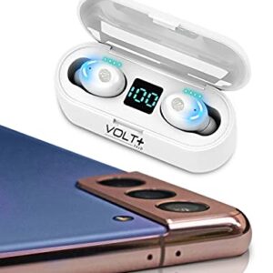 Volt Plus TECH Wireless V5.0 Bluetooth Earbuds Compatible with Samsung Galaxy J7 Prime T-Mobile LED Display, Mic 8D Bass IPX7 Waterproof/Sweatproof (White)