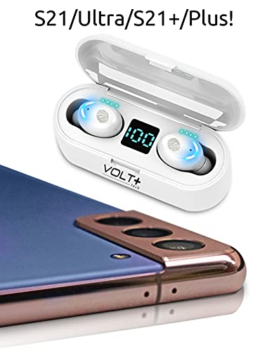 Volt Plus TECH Wireless V5.0 Bluetooth Earbuds Compatible with Samsung Galaxy J7 Prime T-Mobile LED Display, Mic 8D Bass IPX7 Waterproof/Sweatproof (White)