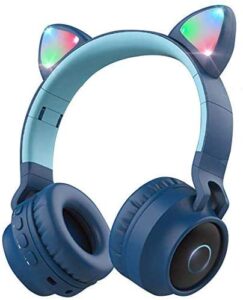 wireless bluetooth kids headphones, damikan cat ear bluetooth over ear headphones, led lights, fm radio, tf card, aux, mic for iphone/ipad/kindle/laptop/pc/tv (blue)