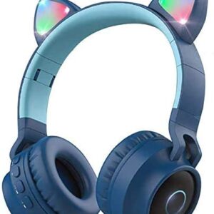 Wireless Bluetooth Kids Headphones, Damikan Cat Ear Bluetooth Over Ear Headphones, LED Lights, FM Radio, TF Card, Aux, Mic for iPhone/iPad/Kindle/Laptop/PC/TV (Blue)