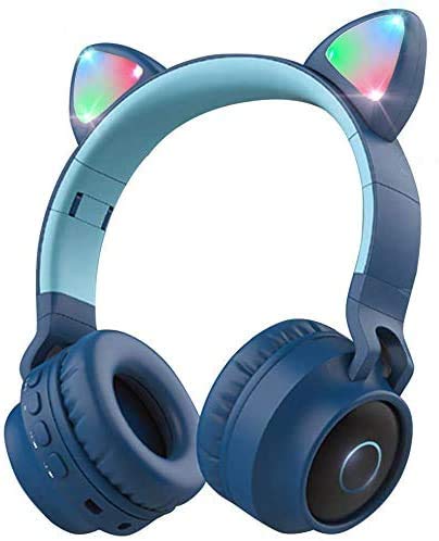 Wireless Bluetooth Kids Headphones, Damikan Cat Ear Bluetooth Over Ear Headphones, LED Lights, FM Radio, TF Card, Aux, Mic for iPhone/iPad/Kindle/Laptop/PC/TV (Blue)