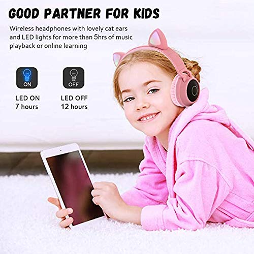 Wireless Bluetooth Kids Headphones, Damikan Cat Ear Bluetooth Over Ear Headphones, LED Lights, FM Radio, TF Card, Aux, Mic for iPhone/iPad/Kindle/Laptop/PC/TV (Blue)