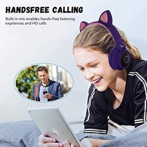 Wireless Bluetooth Kids Headphones, Damikan Cat Ear Bluetooth Over Ear Headphones, LED Lights, FM Radio, TF Card, Aux, Mic for iPhone/iPad/Kindle/Laptop/PC/TV (Blue)