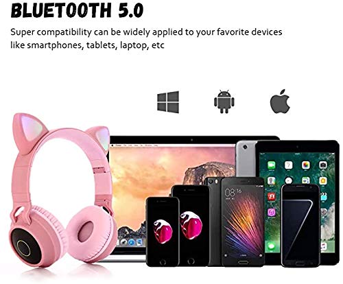Wireless Bluetooth Kids Headphones, Damikan Cat Ear Bluetooth Over Ear Headphones, LED Lights, FM Radio, TF Card, Aux, Mic for iPhone/iPad/Kindle/Laptop/PC/TV (Blue)