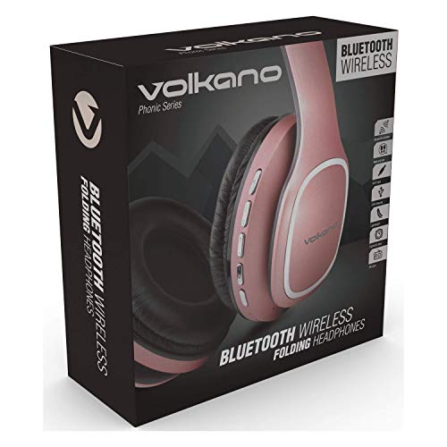 Volkano Wireless Headphones, 24 Hour Playtime Immersive Sound, Foldable Hands-Free Headset, FM Radio and Micro SD Card Slot, Android Compatible [Rose Gold] - Phonic Series