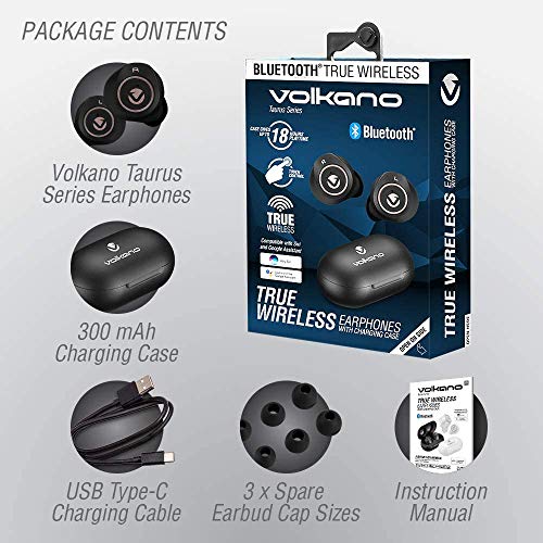 Volkano IPX4 True Wireless Earphones Bluetooth Earbuds with Charging Case, 18 Hour Playtime Typc-C Fast Charging, Auto Reconnect, Lightweight Pocket-Sized [Black] - Taurus Series