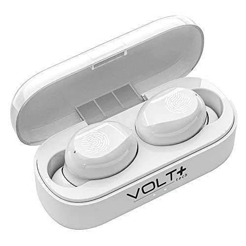 VOLT PLUS TECH Slim Travel Wireless V5.1 Earbuds Compatible with Your Samsung Galaxy S20 FE 5G Updated Micro Thin Case with Quad Mic 8D Bass IPX7 Waterproof/Sweatproof (White)