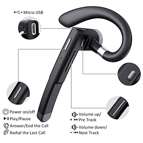 Wireless Bluetooth Single Ear Headset Ear Hook for High Definition Hands-Free Calls with Dual Mic Noise Canceling