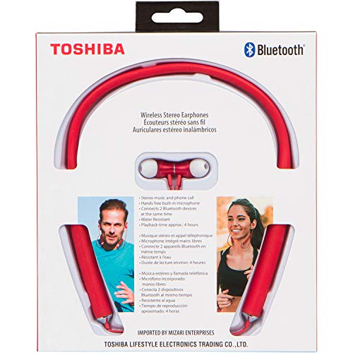 Toshiba Neckband Bluetooth Headphones | Wireless Bluetooth Earbuds | Bluetooth Neckband Headset w/Deep Base | 65FT Working Range | Water/Sweat Resistant | 8-10 Hours Music & Talk Time | RZE-BT600E(R)