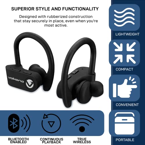 Volkano True Tunes Series Sports Wireless Earphones- Wireless Earphones with Microphone & Ear Hooks, True Bluetooth Sports Earbuds for Running, Sports, & Workout, Bluetooth Earphones (Black)