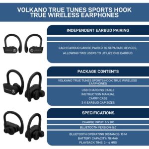 Volkano True Tunes Series Sports Wireless Earphones- Wireless Earphones with Microphone & Ear Hooks, True Bluetooth Sports Earbuds for Running, Sports, & Workout, Bluetooth Earphones (Black)