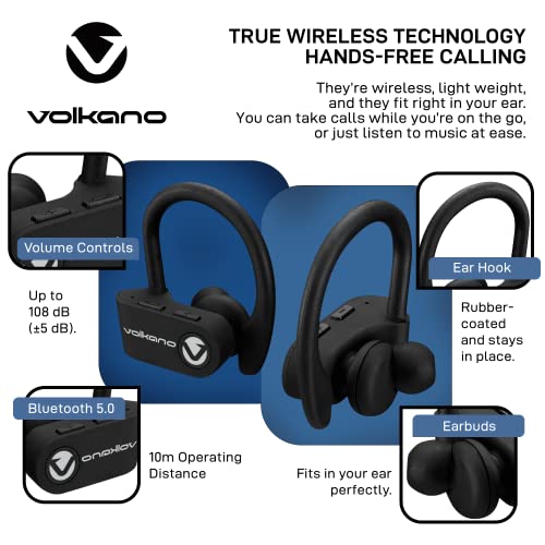 Volkano True Tunes Series Sports Wireless Earphones- Wireless Earphones with Microphone & Ear Hooks, True Bluetooth Sports Earbuds for Running, Sports, & Workout, Bluetooth Earphones (Black)