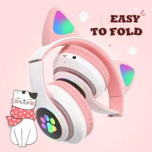 Cute Cat Headphone with Wireless BT Noise Cancelling Microphone & LED Lights- Green