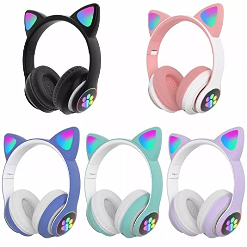 Cute Cat Headphone with Wireless BT Noise Cancelling Microphone & LED Lights- Green