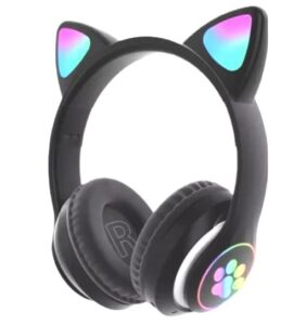 cute cat headphone with wireless bt noise cancelling microphone & led lights- black