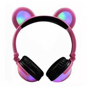 winnes bear ear bluetooth headphones,cat ear headphones foldable gaming headsets earphone with led flash light for ios android mobile phone tablet (pink)