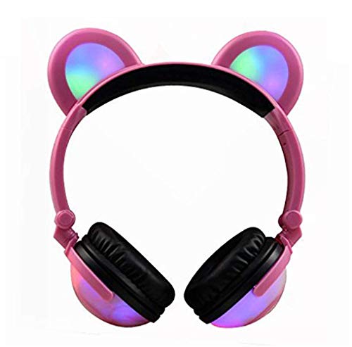 Winnes Bear Ear Bluetooth Headphones,Cat Ear Headphones Foldable Gaming Headsets Earphone with LED Flash Light for iOS Android Mobile Phone Tablet (Pink)