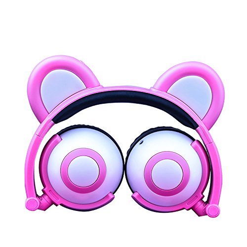 Winnes Bear Ear Bluetooth Headphones,Cat Ear Headphones Foldable Gaming Headsets Earphone with LED Flash Light for iOS Android Mobile Phone Tablet (Pink)