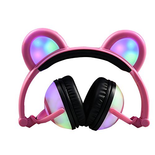 Winnes Bear Ear Bluetooth Headphones,Cat Ear Headphones Foldable Gaming Headsets Earphone with LED Flash Light for iOS Android Mobile Phone Tablet (Pink)