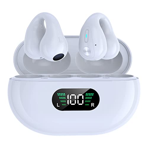 2023 New TWS Q80 Wireless Headphones Bluetooth 5.3 Bone Conduction Earphones Earclip Design Touch Control LED Earbuds Sports Headsets (White)