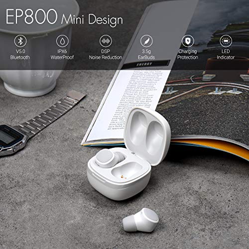 August True Wireless Earbuds EP800 - Bluetooth 5.0 Headphones with Wireless Charging Case IPX6 Waterproof / 25H Playback/Built-in Microphone/DSP Noise Reduction/Stereo Sound Earphones White