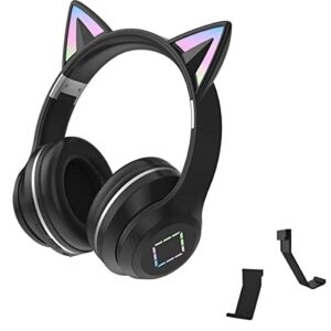 rahafa cat ear headphones, bluetooth 5.1 headphones, led light up over ear headphones, foldable wireless headset for tablet/pc/ipad/cell phones, with hanging headphone bracket-black