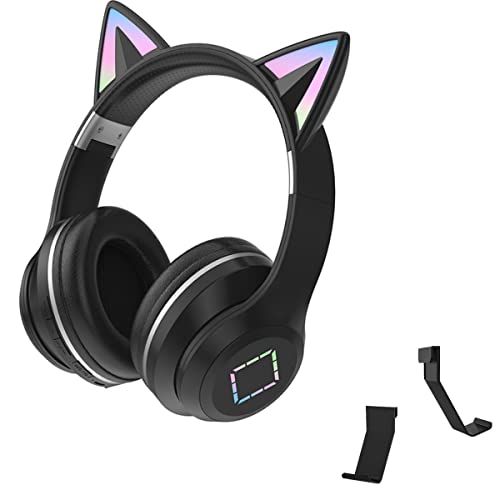 RAHAFA Cat Ear Headphones, Bluetooth 5.1 Headphones, Led Light Up Over Ear Headphones, Foldable Wireless Headset for Tablet/pc/ipad/Cell Phones, with Hanging Headphone Bracket-Black