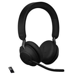 jabra evolve2 65 ms wireless headphones with link380a, stereo, black – wireless bluetooth headset for calls and music, 37 hours of battery life, passive noise cancelling headphones (renewed)