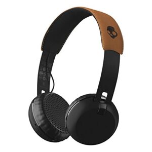 skullcandy grind bluetooth wireless on-ear headphones with built-in mic and remote, 12-hour rechargeable battery, supreme sound audio, plush ear pillows for comfort, black/tan