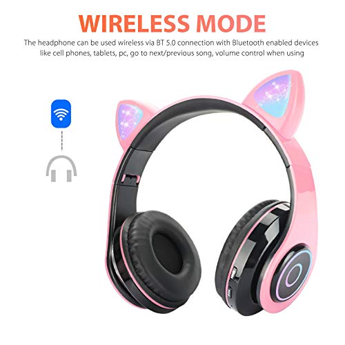 Niaviben Headphones Over-Ear Bluetooth 5.0 Wireless Cat Ear Headphones LED with Mic Headphone Support Wire and Wireless Mode for Kids and Girls Black