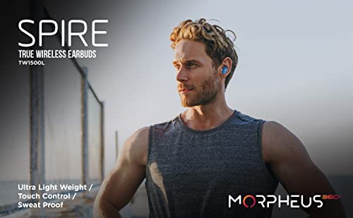 Morpheus 360 Spire True Wireless Earbuds TW1500L (Blue), Noise Isolation Touch Control Light-Weight Mini Sweat Proof Waterproof Earbuds with Deep Bass