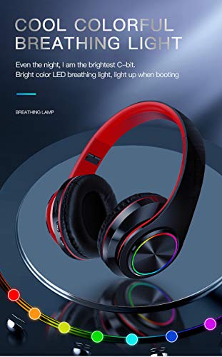 Amazing 7 LED Bluetooth Headphones with 8Hours Playtime, Wireless Headsets Over Ear, Hi-Fi Stereo, Multi-Colored Breathing Led, Built-in Mic, Snug Fit Earphones for Game Video DJ (Black Red)