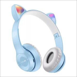 cat ear wireless headphones with led light, cute design bluetooth headset with mic (blue)