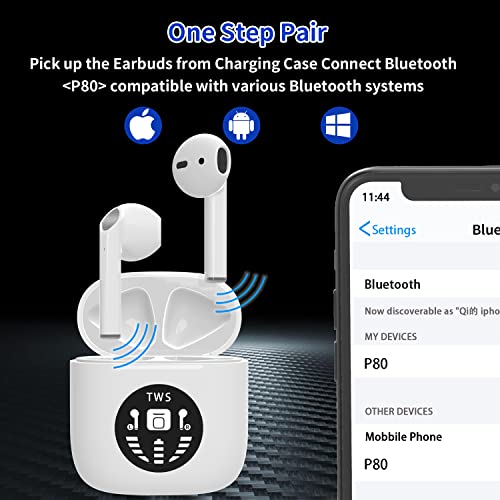 M.TADPOLE Wireless Earbuds Bluetooth 5.1 Smart Touch TWS Semi-in-Ear Sports Stereo Bluetooth Headphones, LED Power Display (White)