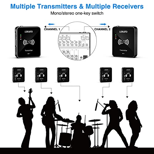LEKATO MS-1 Wireless in-Ear Monitor System 2.4G Stereo IEM System with Transmitter Beltpack Receiver Automatic Pairing, for Studio, Band Rehearsal, Live Performance