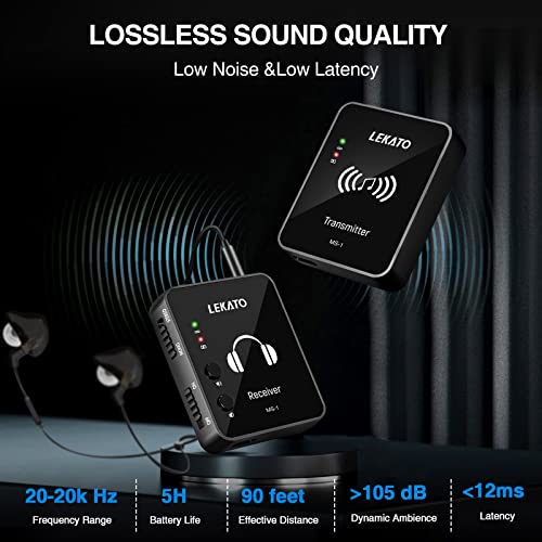 LEKATO MS-1 Wireless in-Ear Monitor System 2.4G Stereo IEM System with Transmitter Beltpack Receiver Automatic Pairing, for Studio, Band Rehearsal, Live Performance